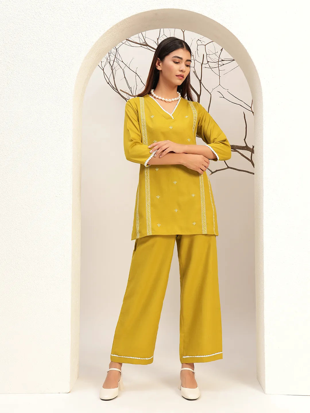Lime Green Color V-Neck Casual Tunic With Trouser Co-Ords Set