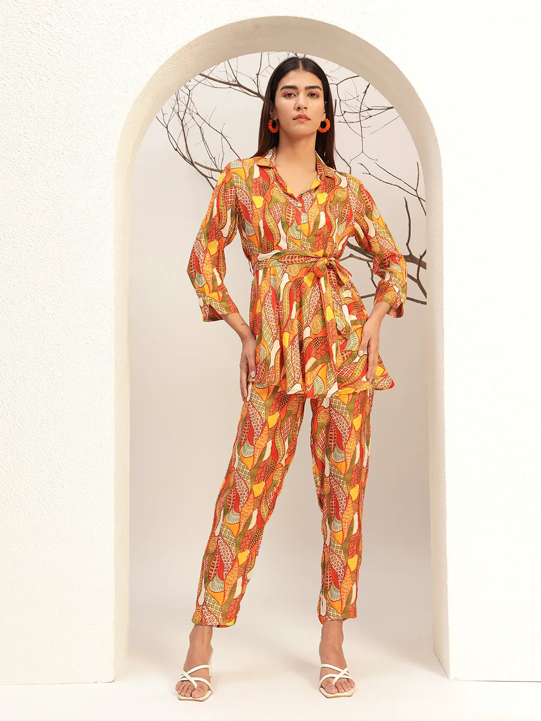 Multi Color Floral Printed Caller Neck Casual Tunic With Trouser Co-Ords Set