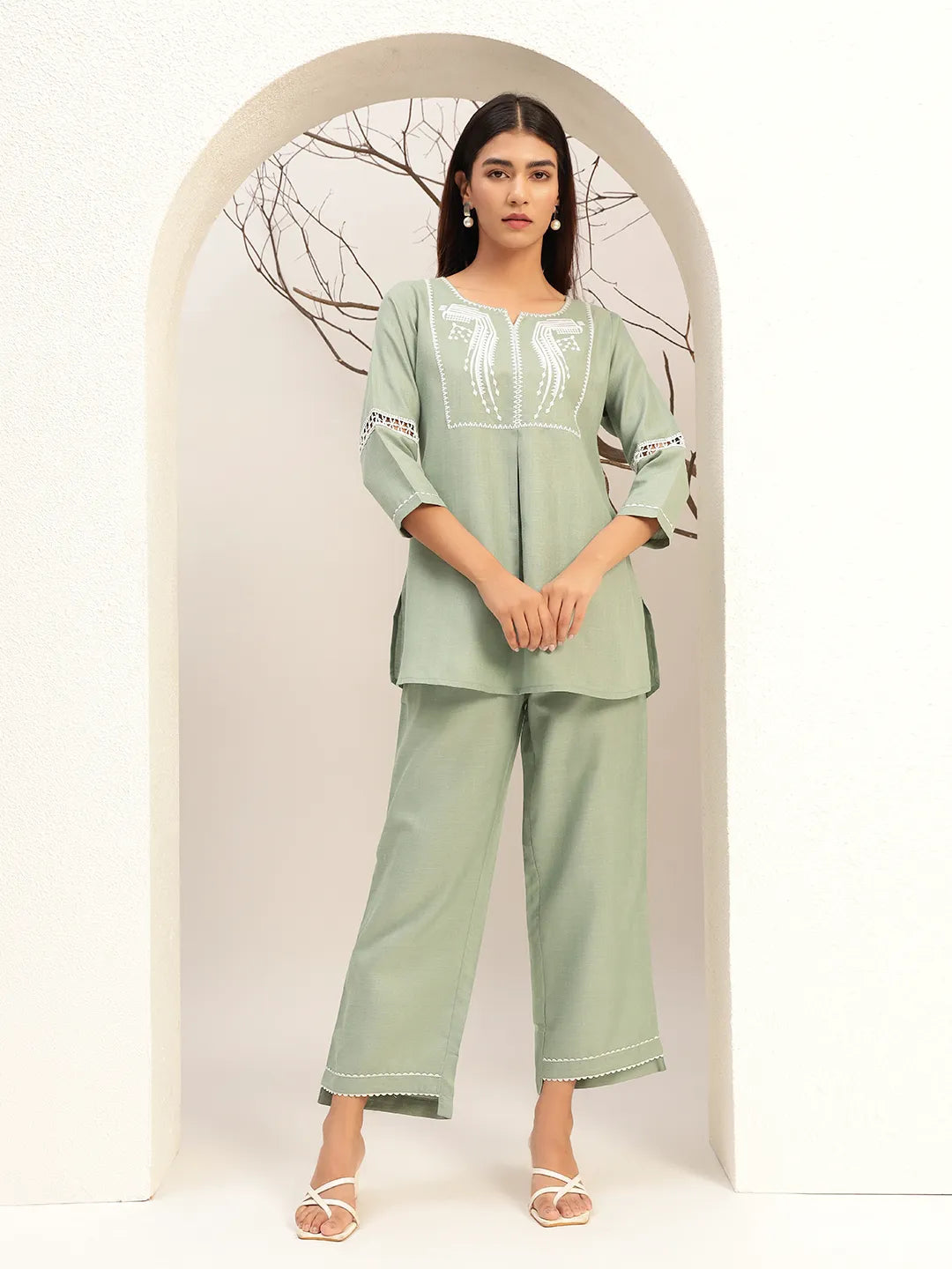 Green Color With Embroidery Round Neck Casual Tunic With Trouser Co-Ords Set