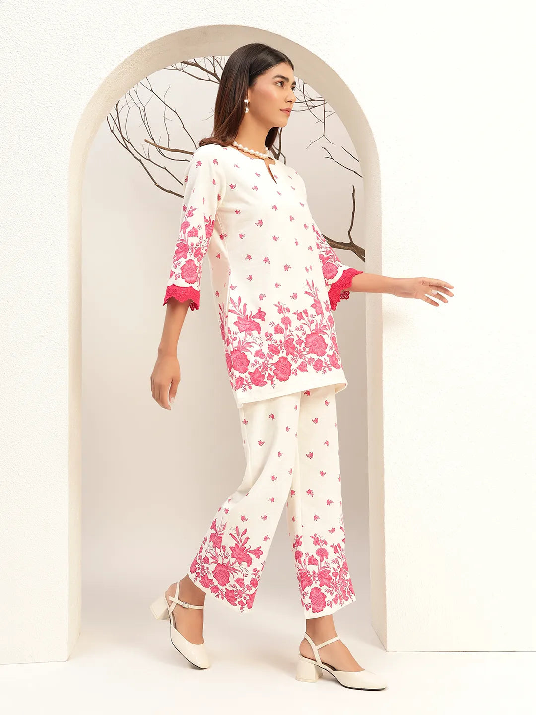 Floral Printed Round Neck Tunic With Trouser Co-Ords Set