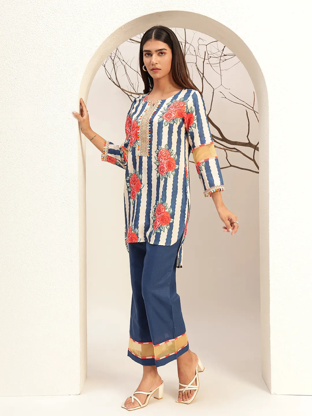 Blue Floral Striped Printed Caller Neck Casual Tunic With Trouser Co-Ords Set