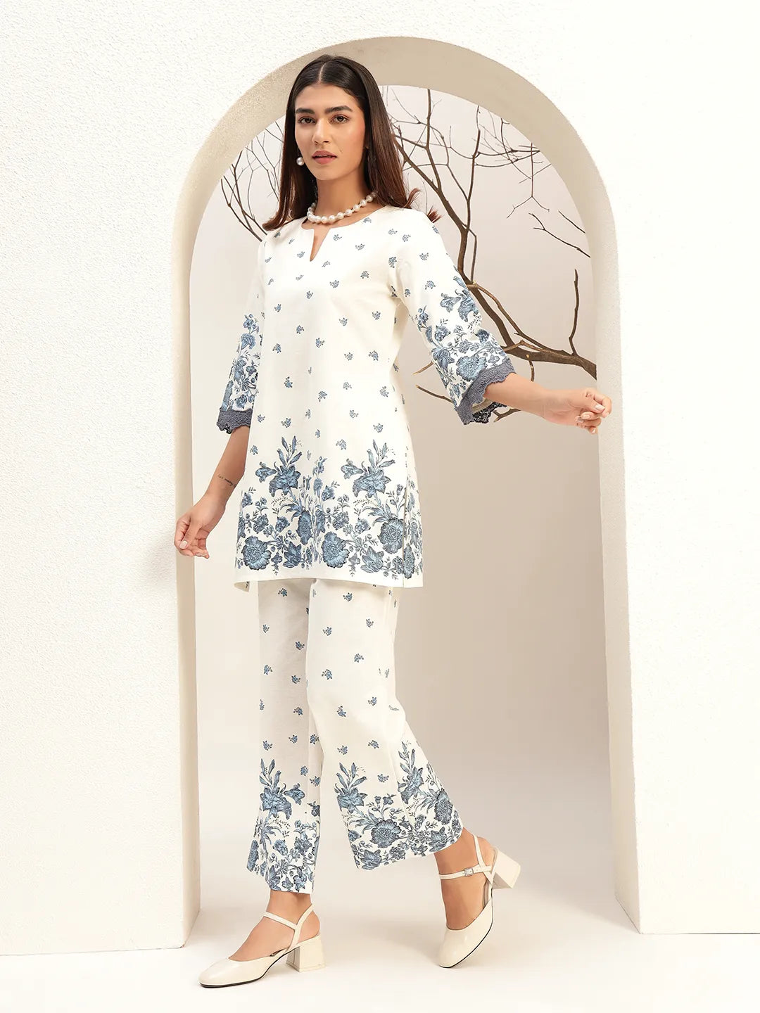 Floral Printed Round Neck Tunic With Trouser Co-Ords Set