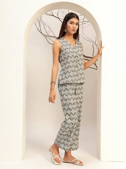 Grey Printed with V-Neck Causal Tunic & Trouser With Waistcoat Co-Ords