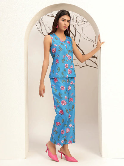 Printed with V-Neck Causal Tunic & Trouser With Waistcoat Co-Ords