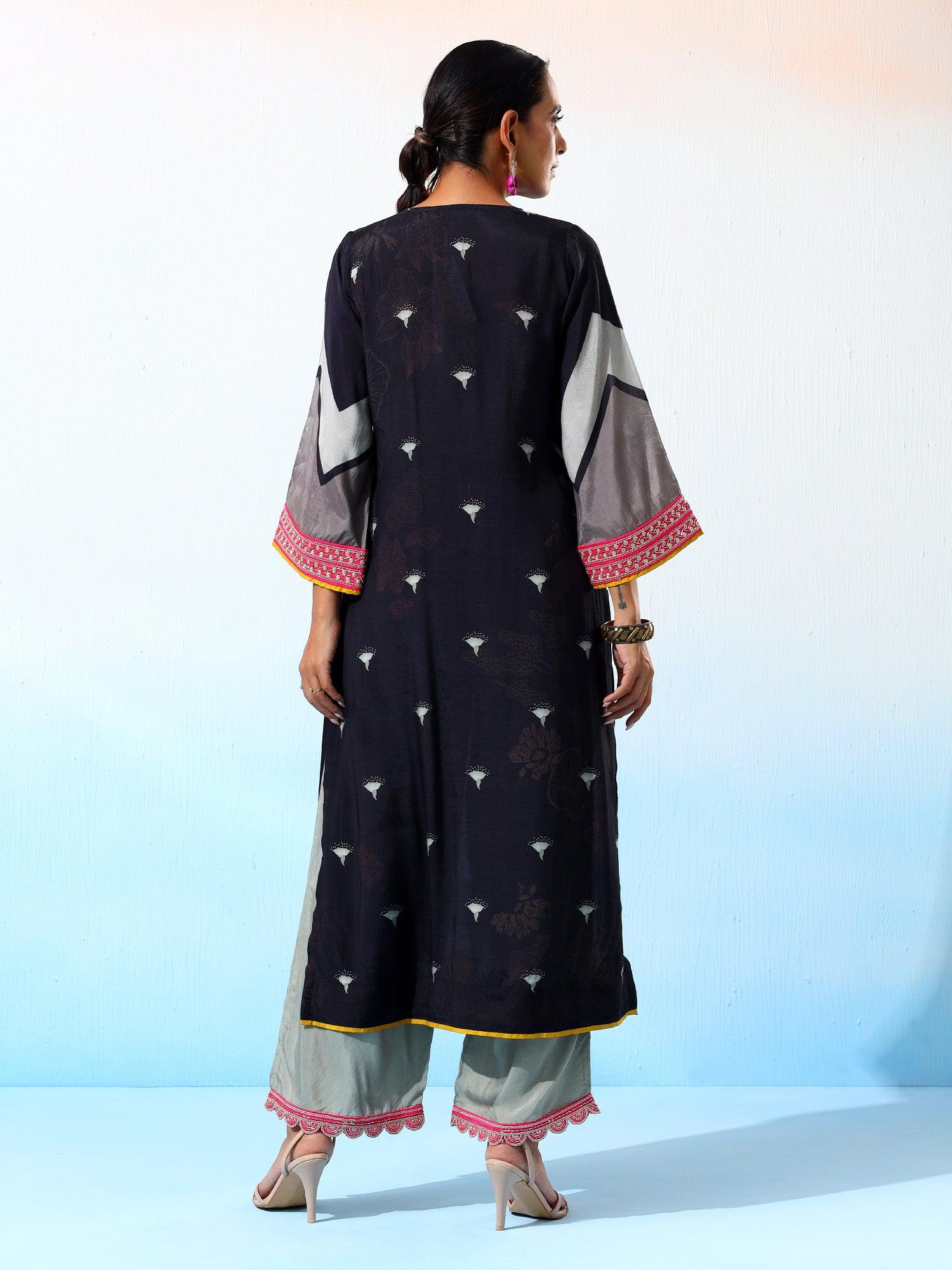 Sukoon Muslin Black & Grey Printed Kurta Set