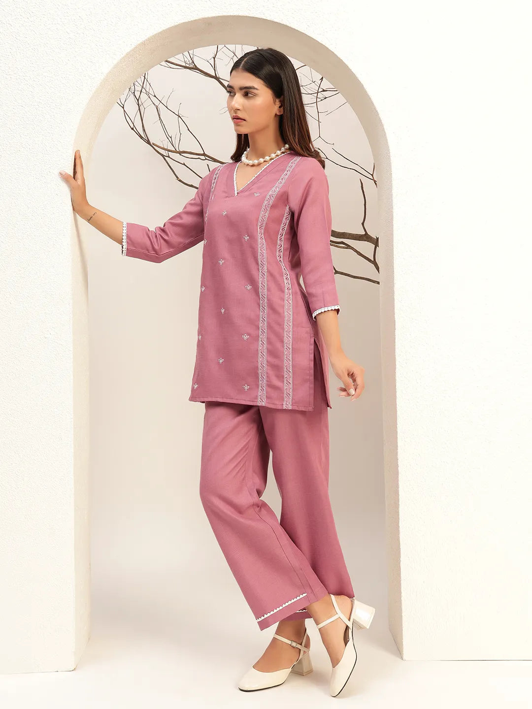 Purple Color V-Neck Casual Tunic With Trouser Co-Ords Set