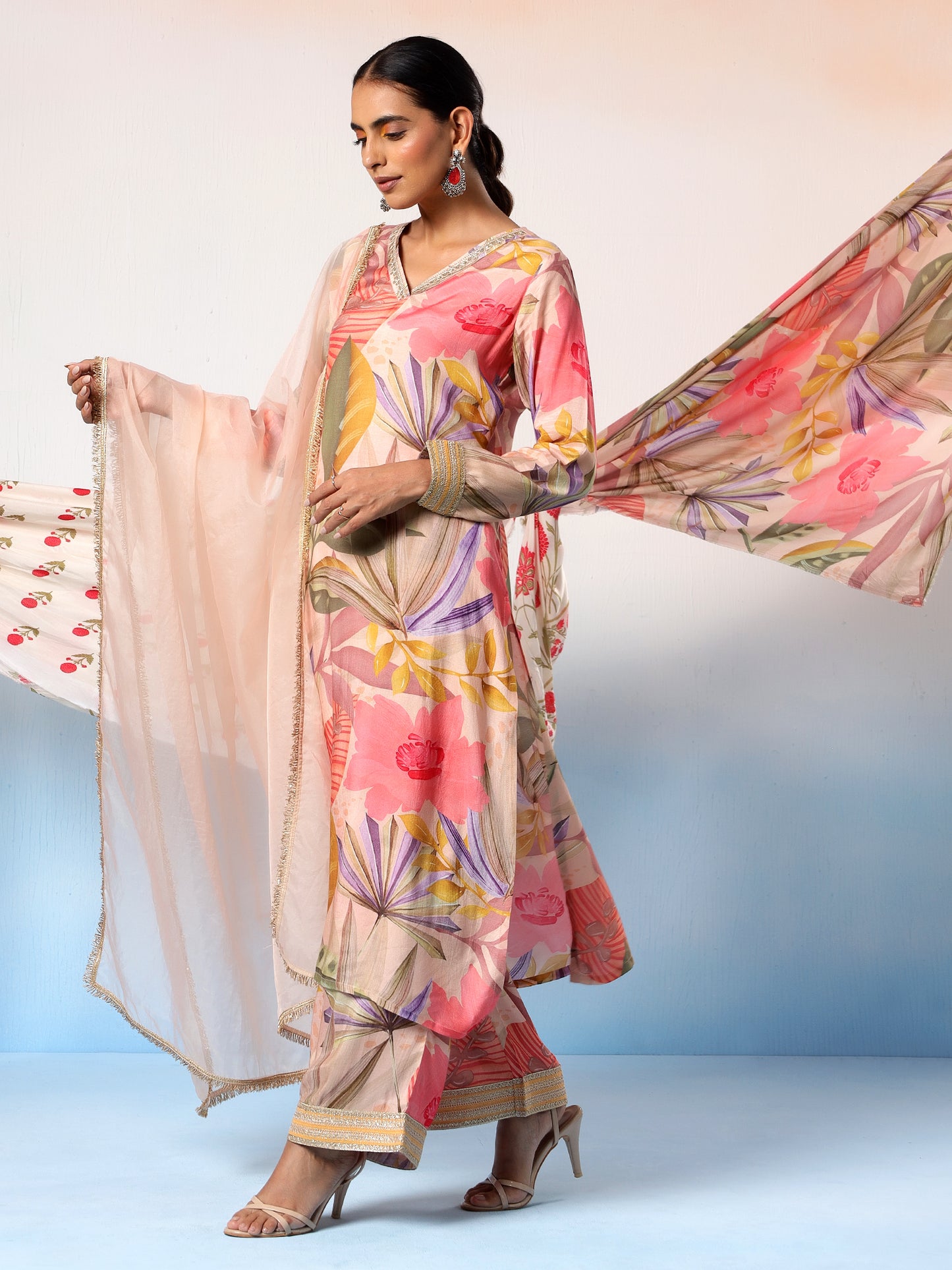 Nirupa Peach Printed Gota Patti Kurta Set