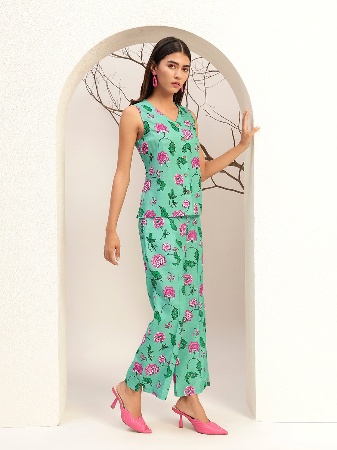 Green Printed with V-Neck Caual Tunic with Trouser Co-Ords Set
