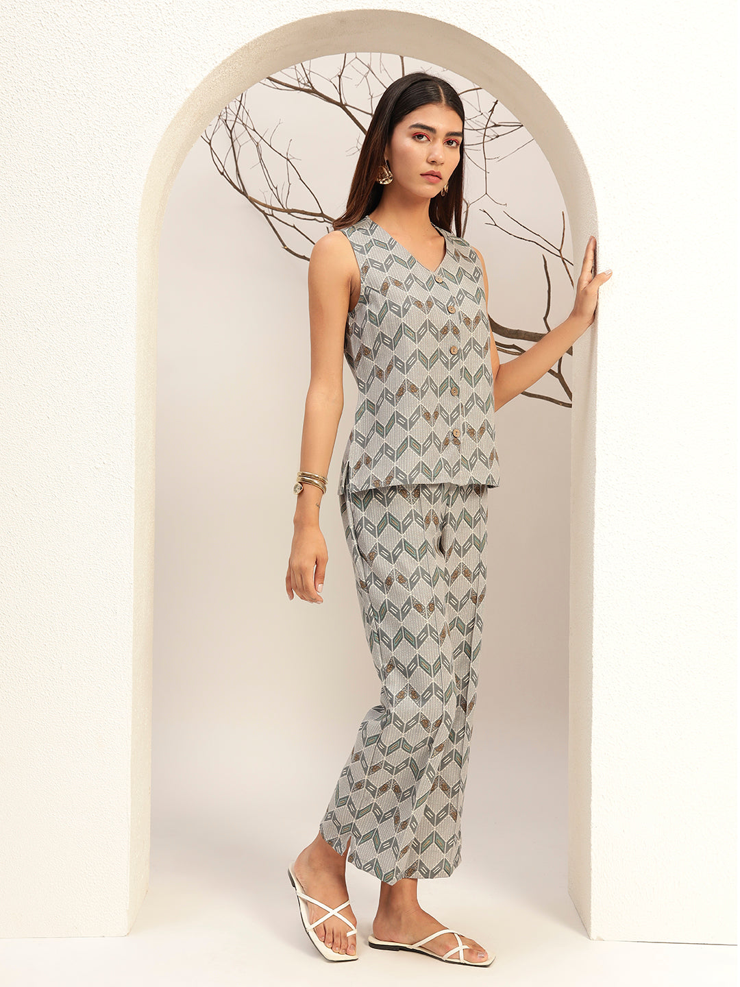 Grey Printed With V-Neck Casual Co-Ord