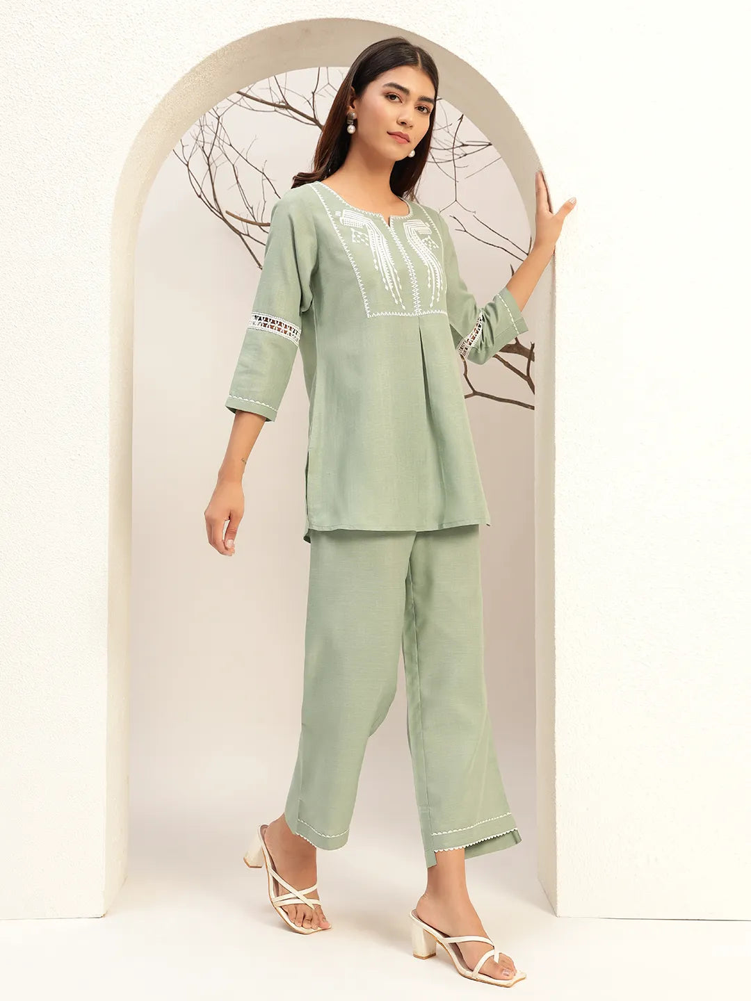 Green Color With Embroidery Round Neck Casual Tunic With Trouser Co-Ords Set