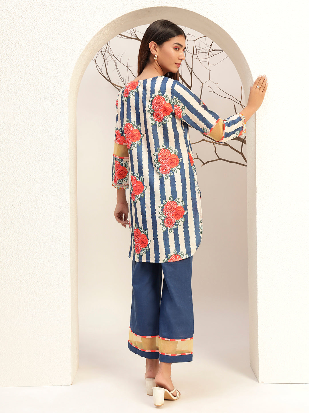 Blue Floral Striped Printed Caller Neck Caual Tunic with Trouser Co-Ords Set