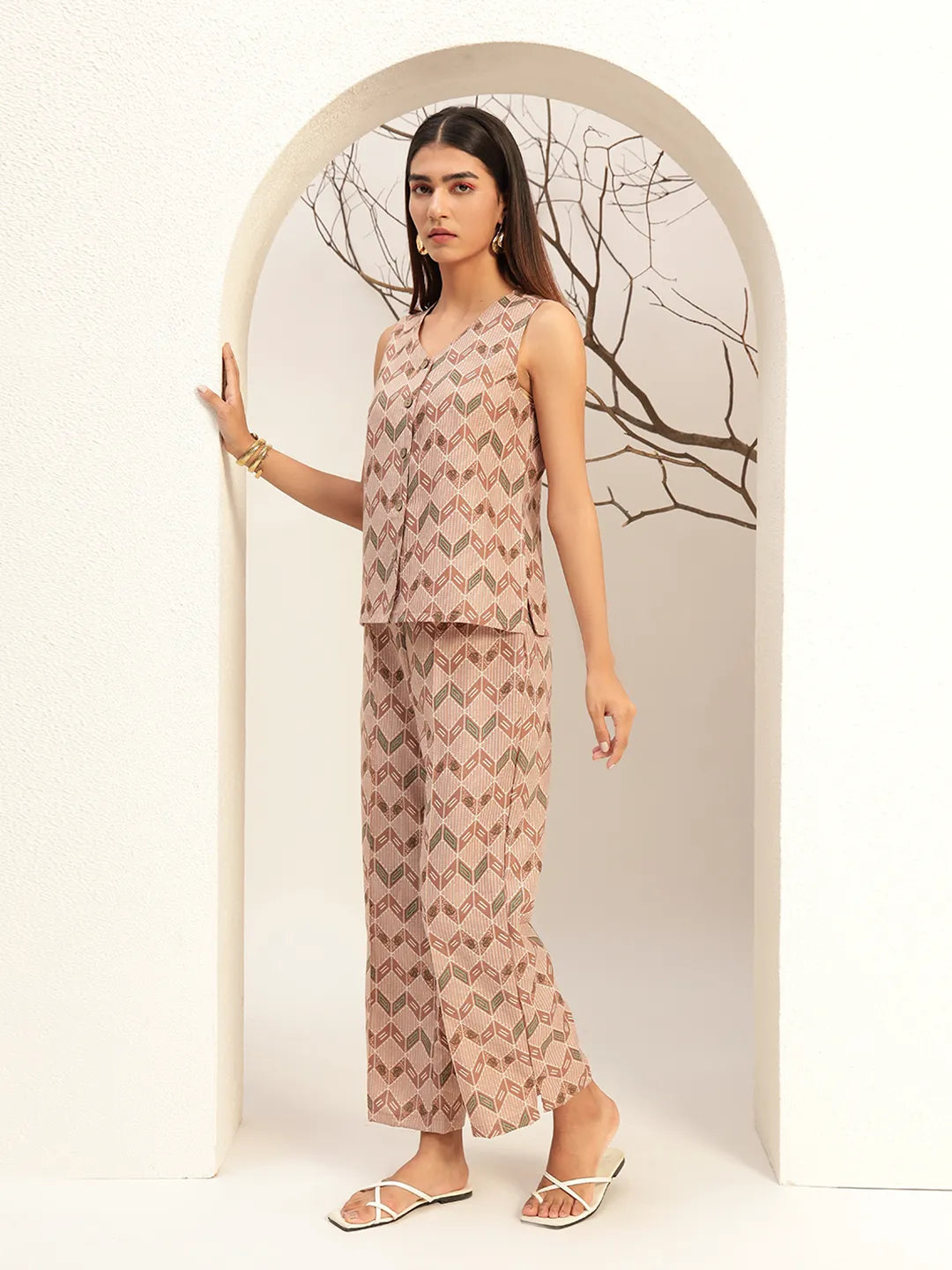 Printed with V-Neck Causal Tunic & Trouser With Waistcoat Co-Ords