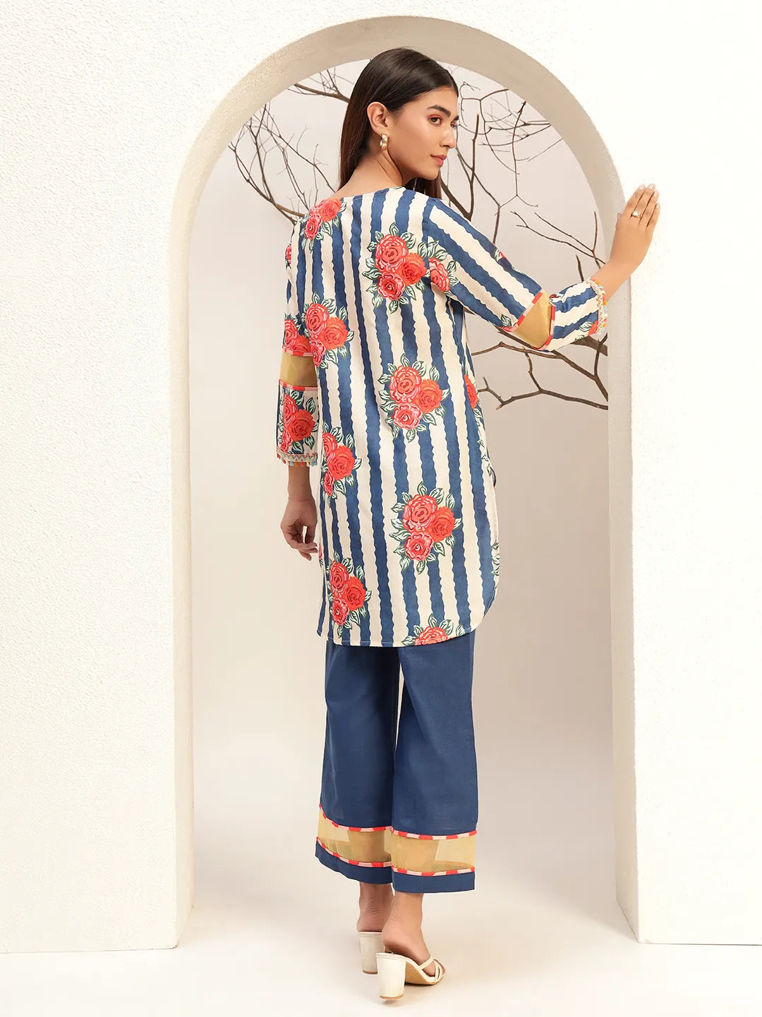 Blue Floral Striped Printed Caller Neck Casual Tunic With Trouser Co-Ords Set