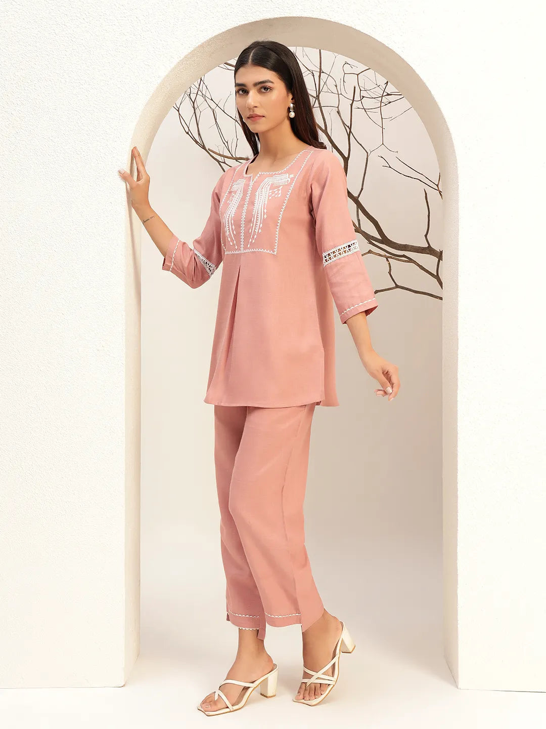 Pink Color With Embroidery Round Neck Casual Tunic With Trouser Co-Ords Set
