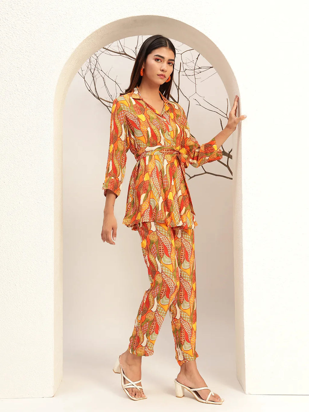 Multi Color Floral Printed Caller Neck Casual Tunic With Trouser Co-Ords Set