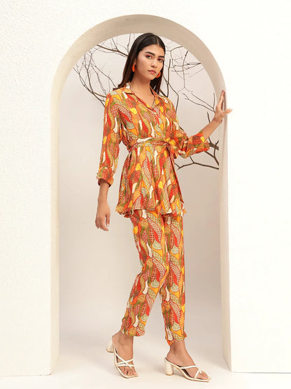 Multi Color Floral Printed Caller Neck Casual Tunic With Trouser Co-Ords Set