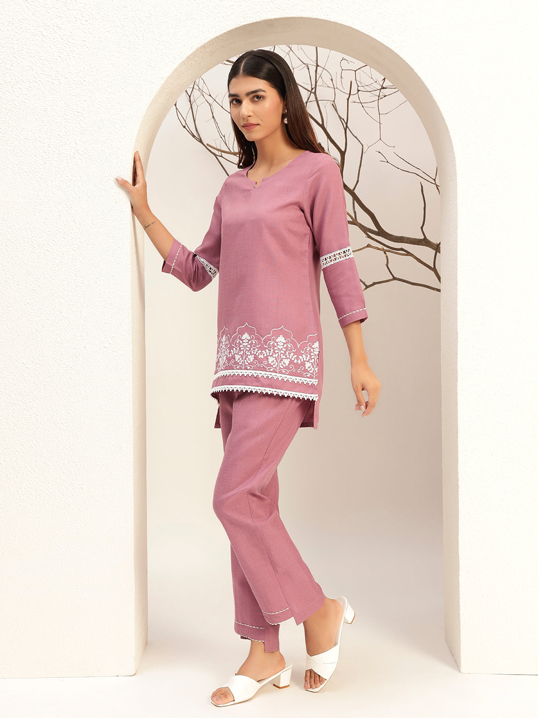Purple Color with Embroidery Round Neck Casual Tunic With Trouser Co-Ords Set