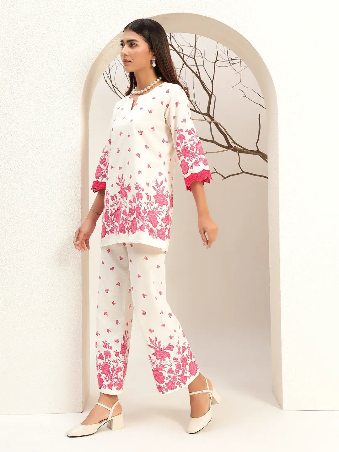 Floral Printed Round Neck Tunic With Trouser Co-Ords Set
