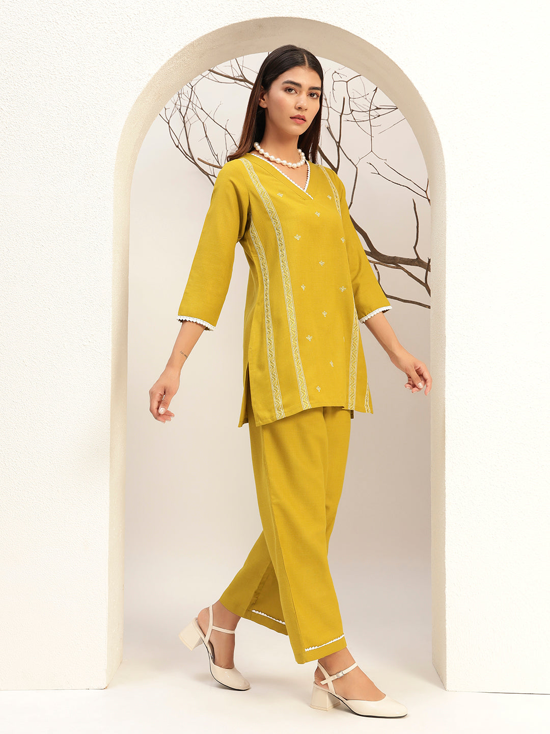 Lime Green Color V-Neck Caual Tunic with Trouser Co-Ords Set