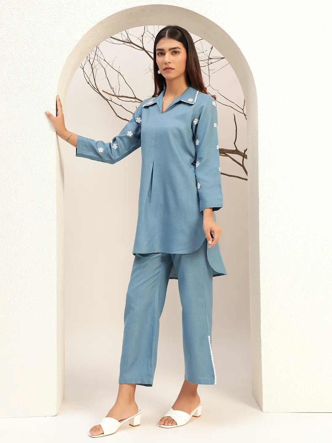 Blue Color With Collar Neck Casual Tunic With Trouser Co-Ords Set