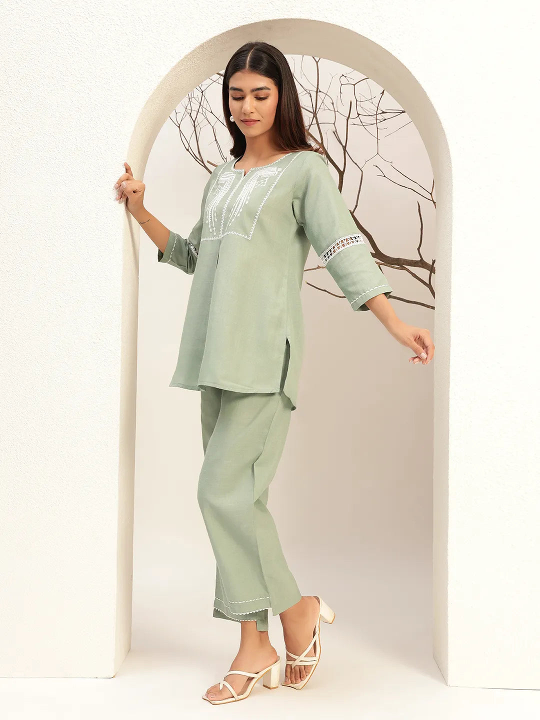 Green Color With Embroidery Round Neck Casual Tunic With Trouser Co-Ords Set