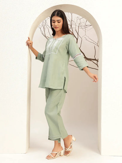 Green Color With Embroidery Round Neck Casual Tunic With Trouser Co-Ords Set