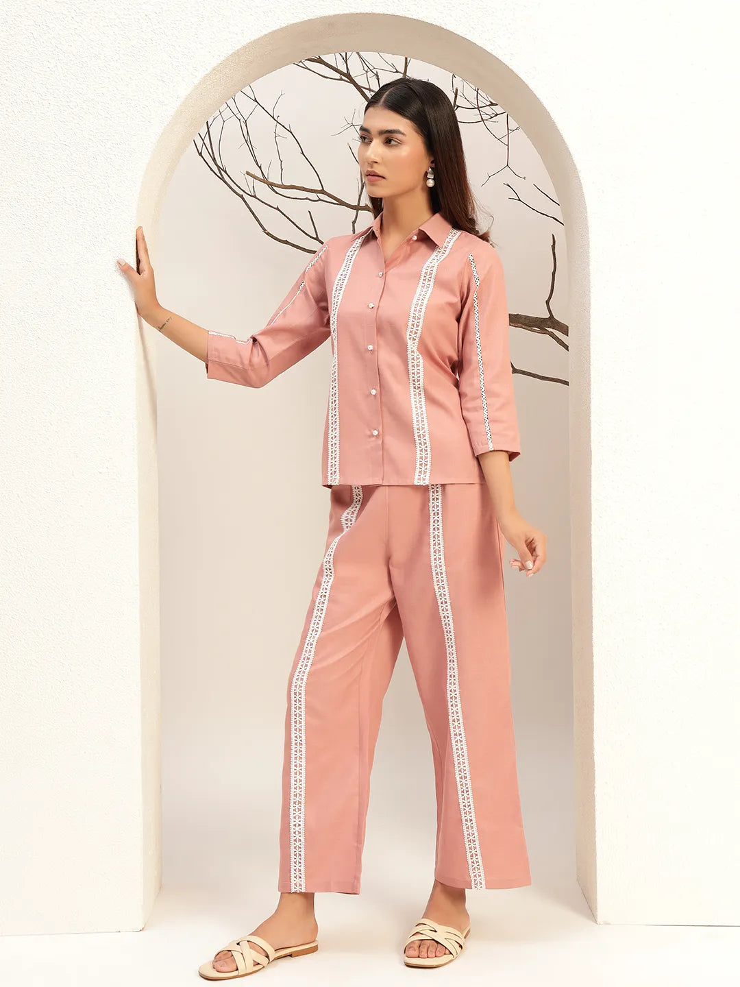 Pink Color Collar Neck Casual Tunic With Trouser Co-Ords Set