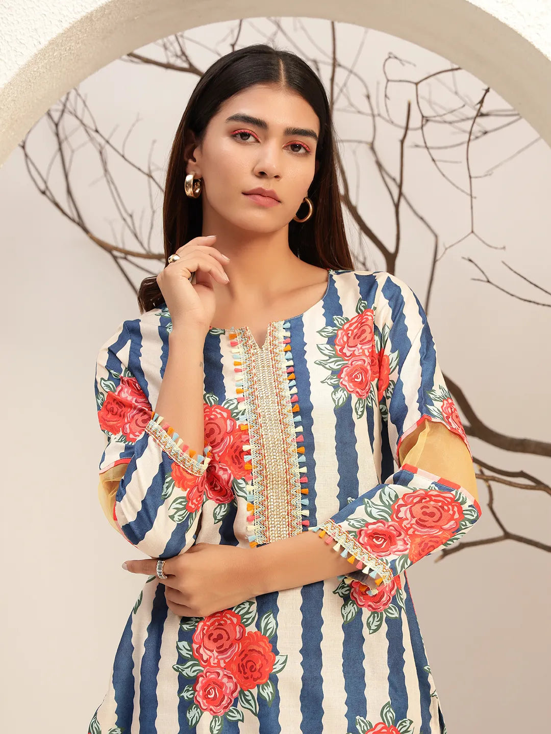 Blue Floral Striped Printed Caller Neck Casual Tunic With Trouser Co-Ords Set