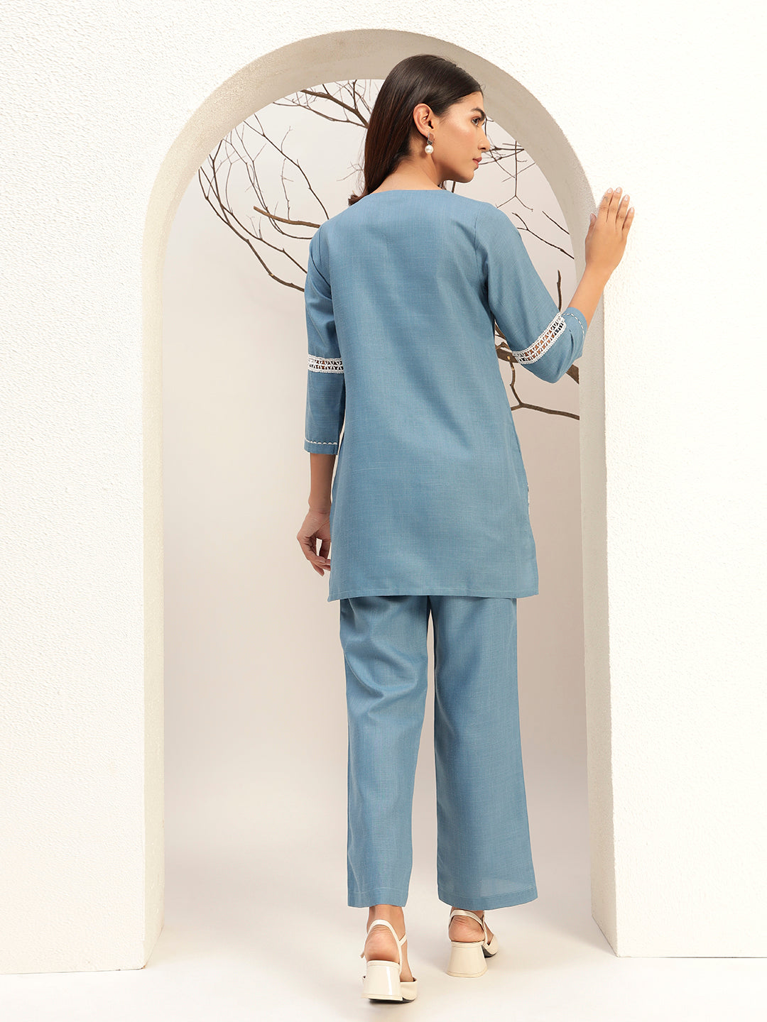 Blue Color with Embroidery Round Neck Caual Tunic with Trouser Co-Ords Set