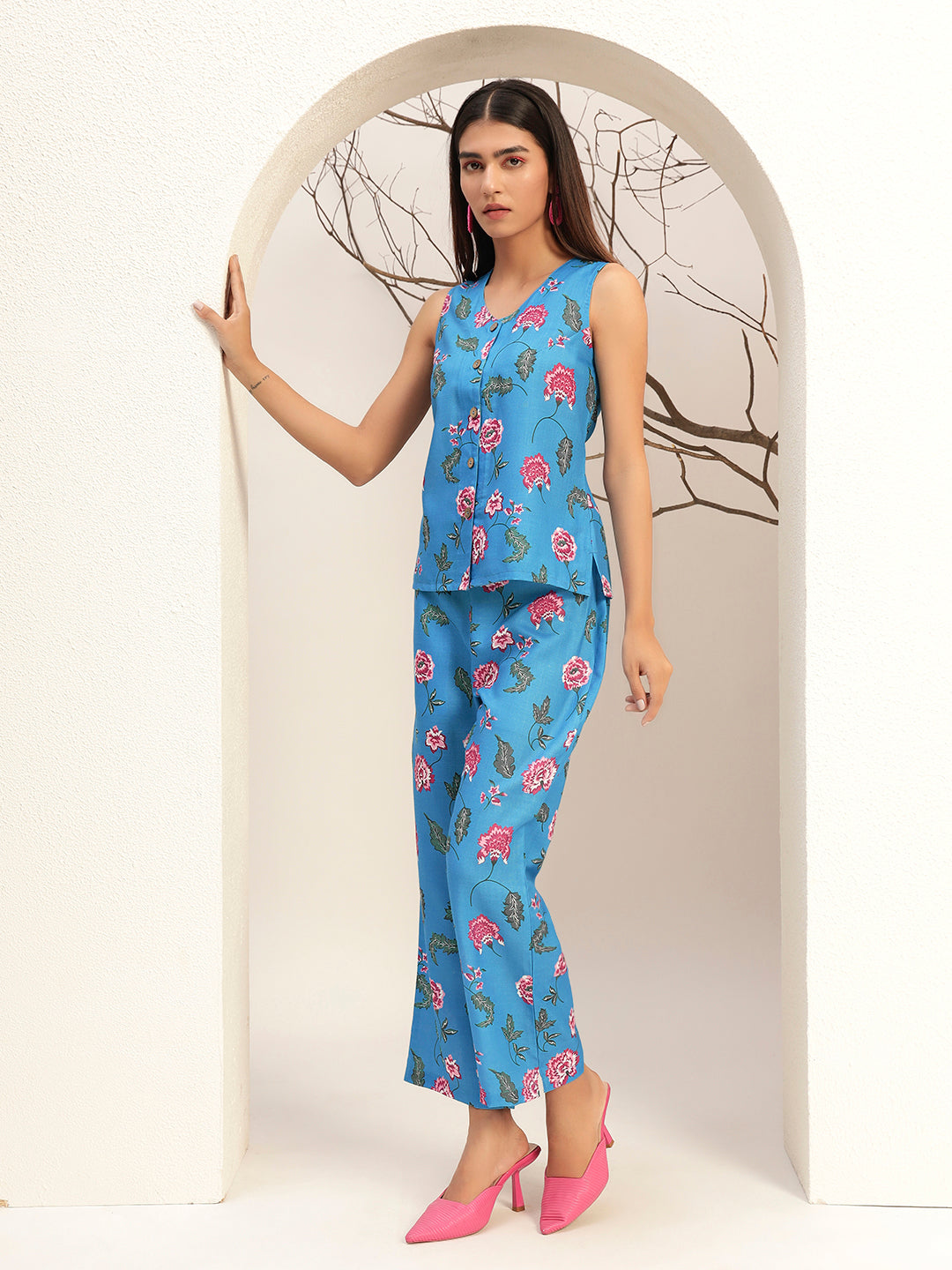 Blue Printed with V-Neck Caual Tunic with Trouser Co-Ords Set