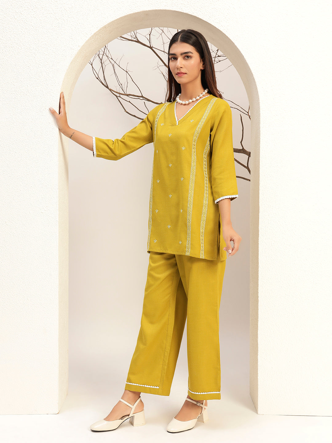 Lime Green Color V-Neck Caual Tunic with Trouser Co-Ords Set