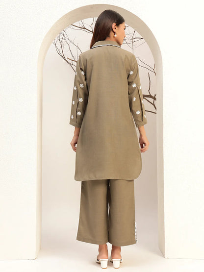Olive Color With Collar Neck Casual Tunic With Trouser Co-Ords Set
