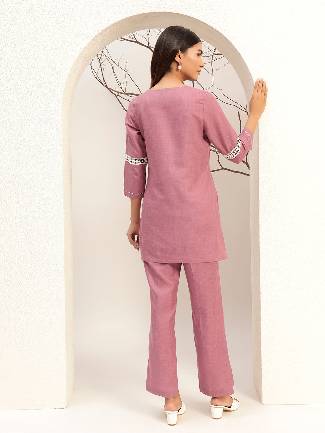 Purple Color with Embroidery Round Neck Casual Tunic With Trouser Co-Ords Set