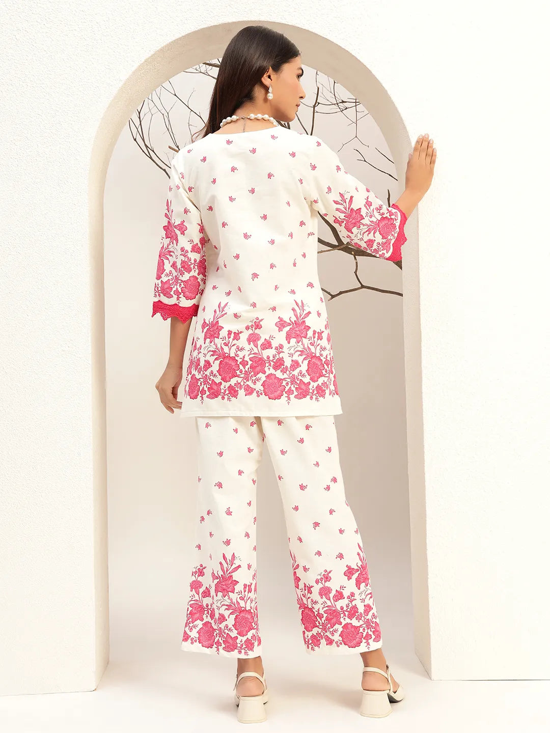Floral Printed Round Neck Tunic With Trouser Co-Ords Set