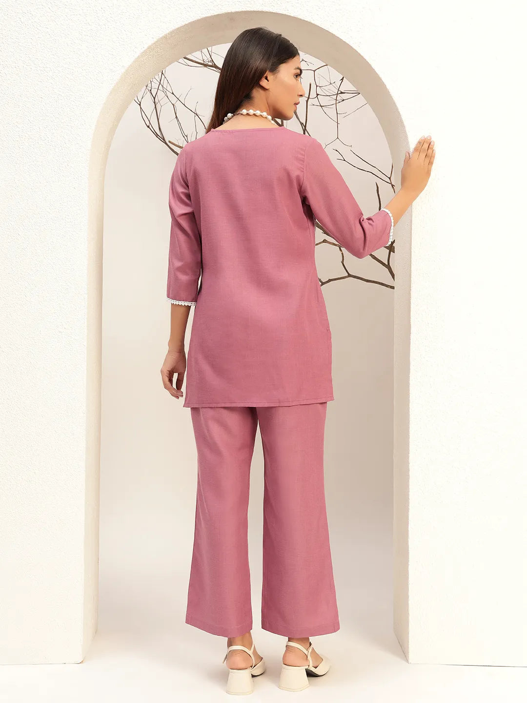 Purple Color V-Neck Casual Tunic With Trouser Co-Ords Set