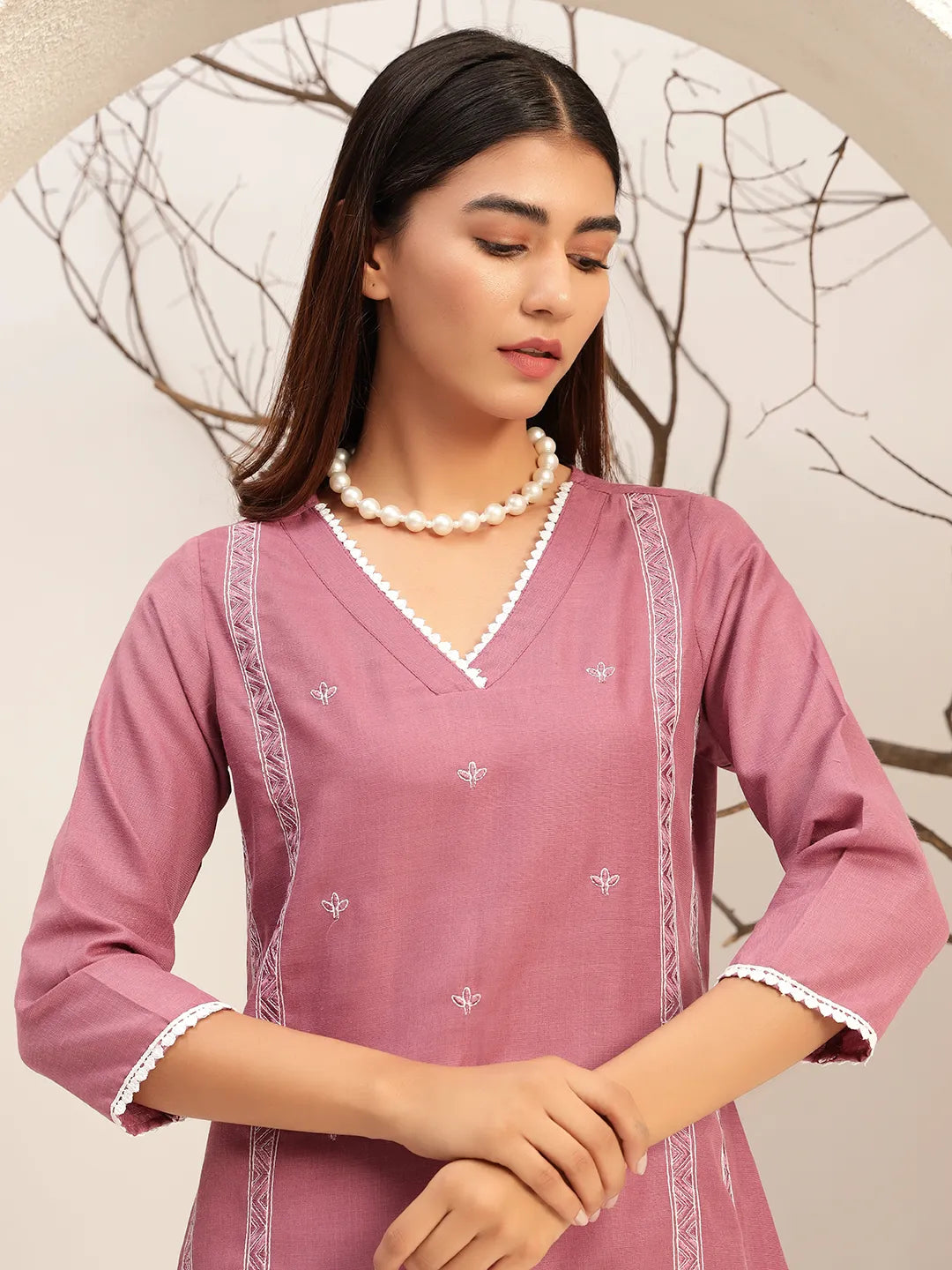 Purple Color V-Neck Casual Tunic With Trouser Co-Ords Set