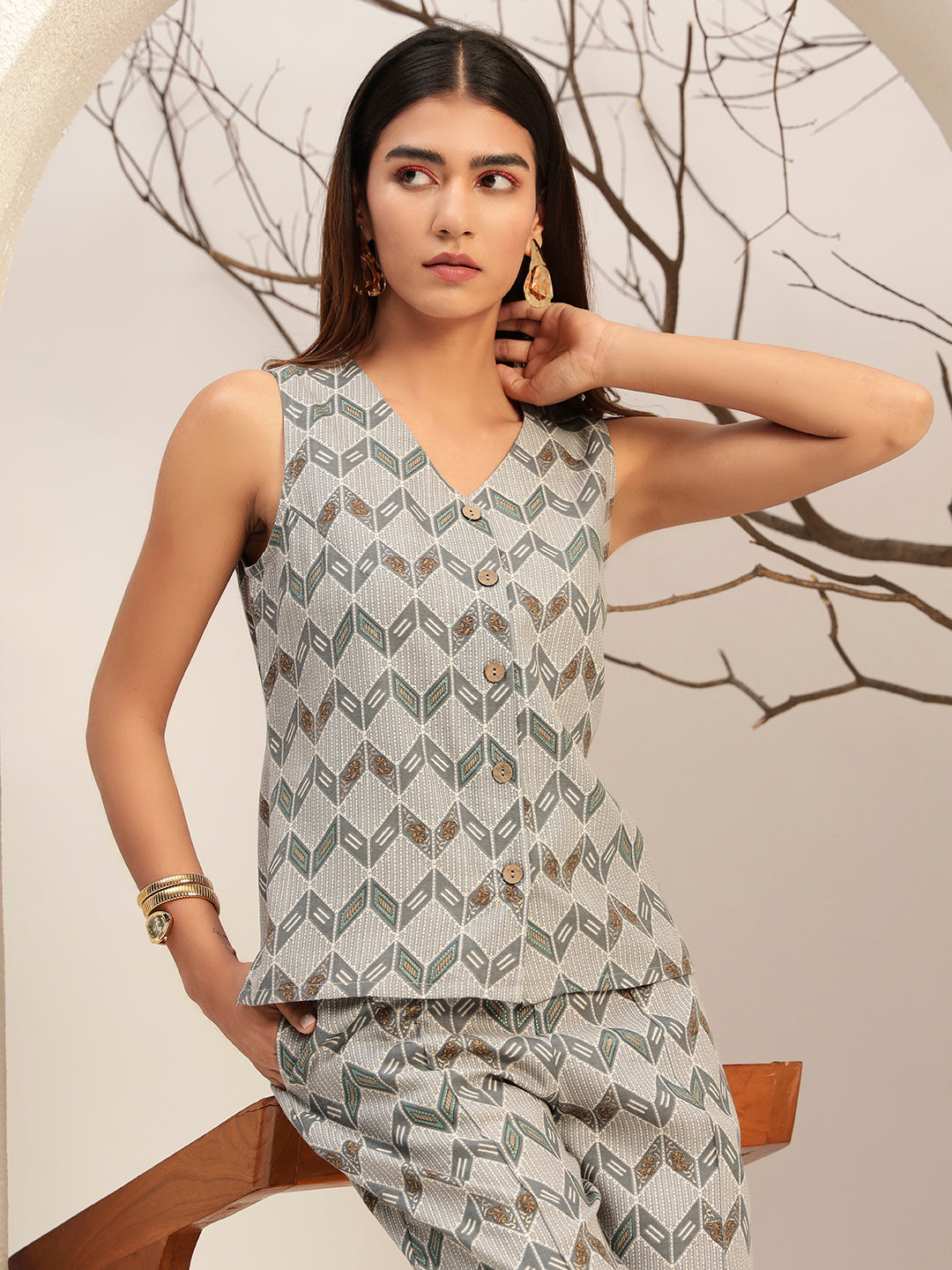 Grey Printed With V-Neck Casual Co-Ord