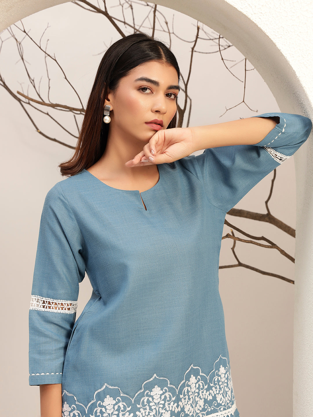 Blue Color with Embroidery Round Neck Caual Tunic with Trouser Co-Ords Set