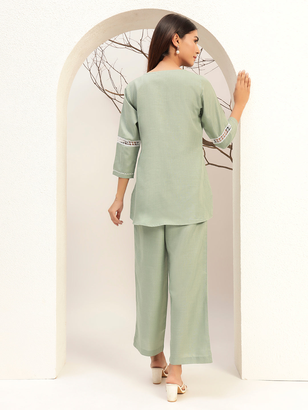 Green Color with Embroidery Round Neck Caual Tunic with Trouser Co-Ords Set
