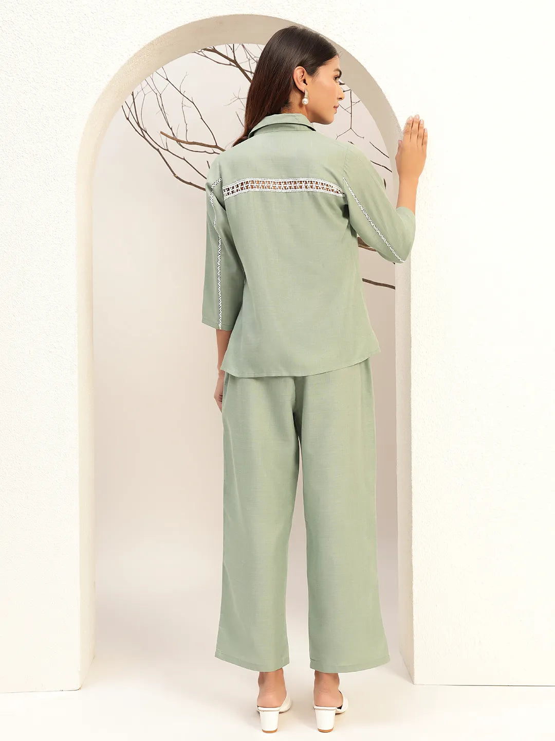 Green Color Collar Neck Casual Tunic With Trouser Co-Ords Set