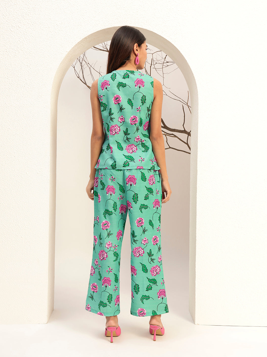 Green Printed with V-Neck Caual Tunic with Trouser Co-Ords Set