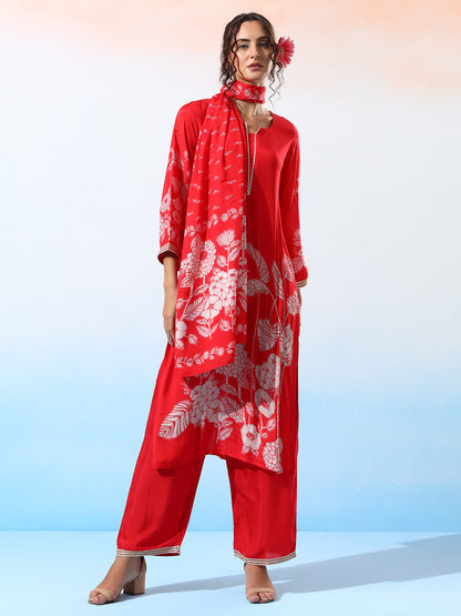 Anwesha Muslin Red & White Printed Kurta Set