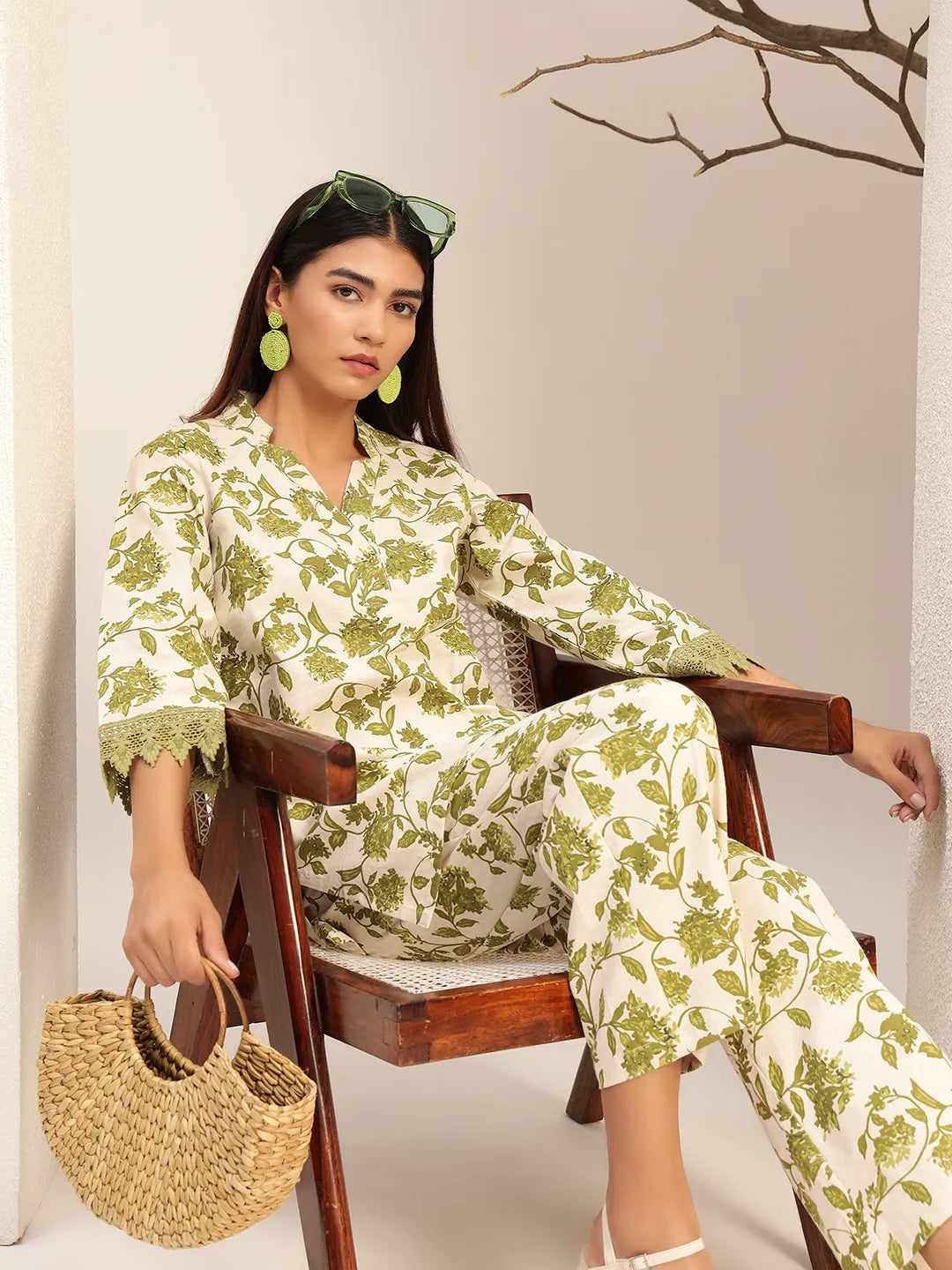 Floral Printed V-Neck Casual Tunic With Trouser Co-Ords Set