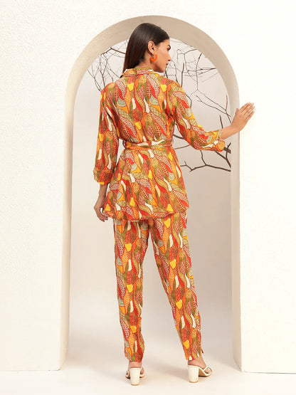 Multi Color Floral Printed Caller Neck Casual Tunic With Trouser Co-Ords Set