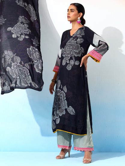 Sukoon Muslin Black & Grey Printed Kurta Set