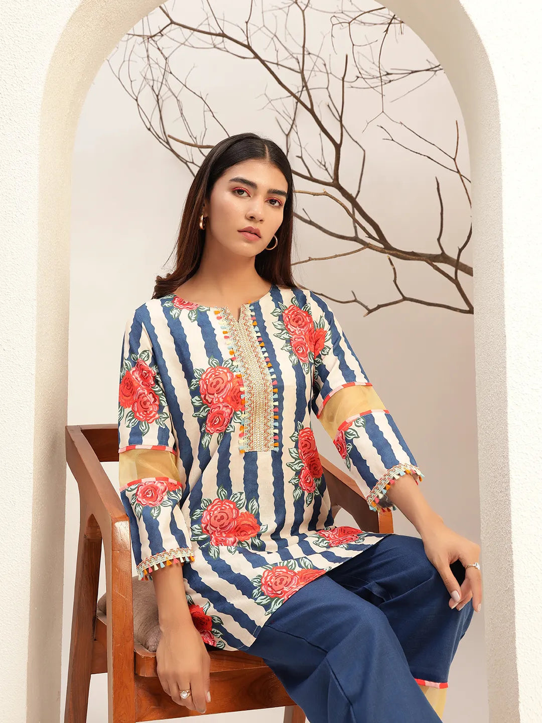 Blue Floral Striped Printed Caller Neck Casual Tunic With Trouser Co-Ords Set