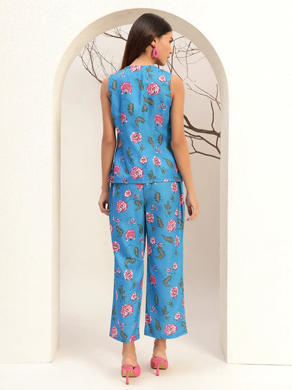 Printed with V-Neck Causal Tunic & Trouser With Waistcoat Co-Ords