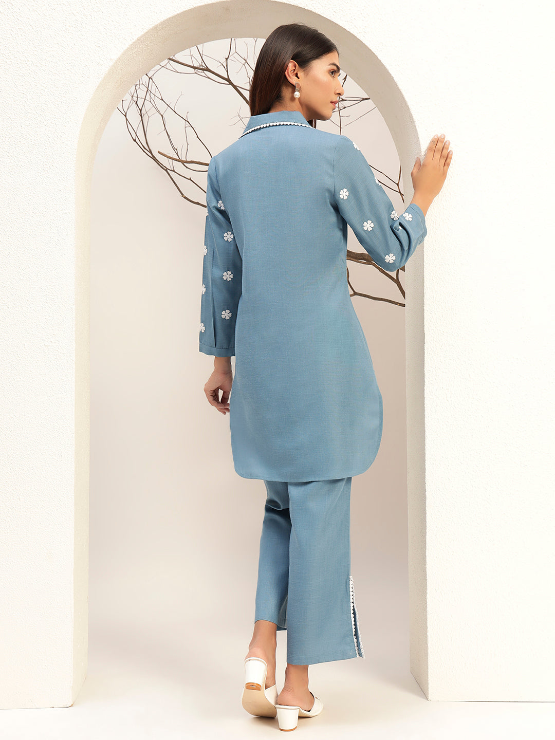 Blue Color with Collar Neck Caual Tunic with Trouser Co-Ords Set