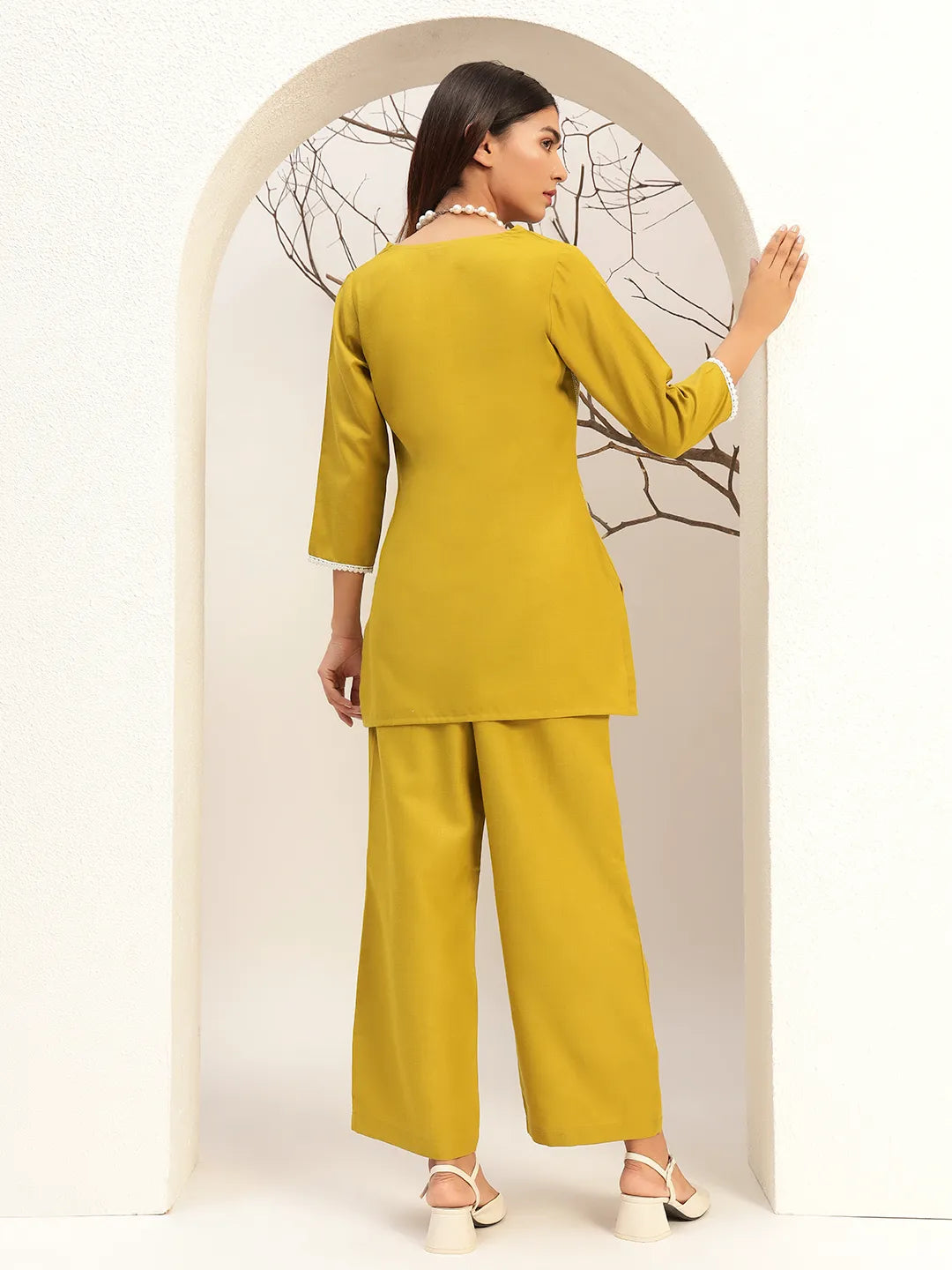 Lime Green Color V-Neck Casual Tunic With Trouser Co-Ords Set