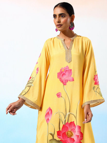 Gul Muslin Floral Printed Yellow Kurta Set